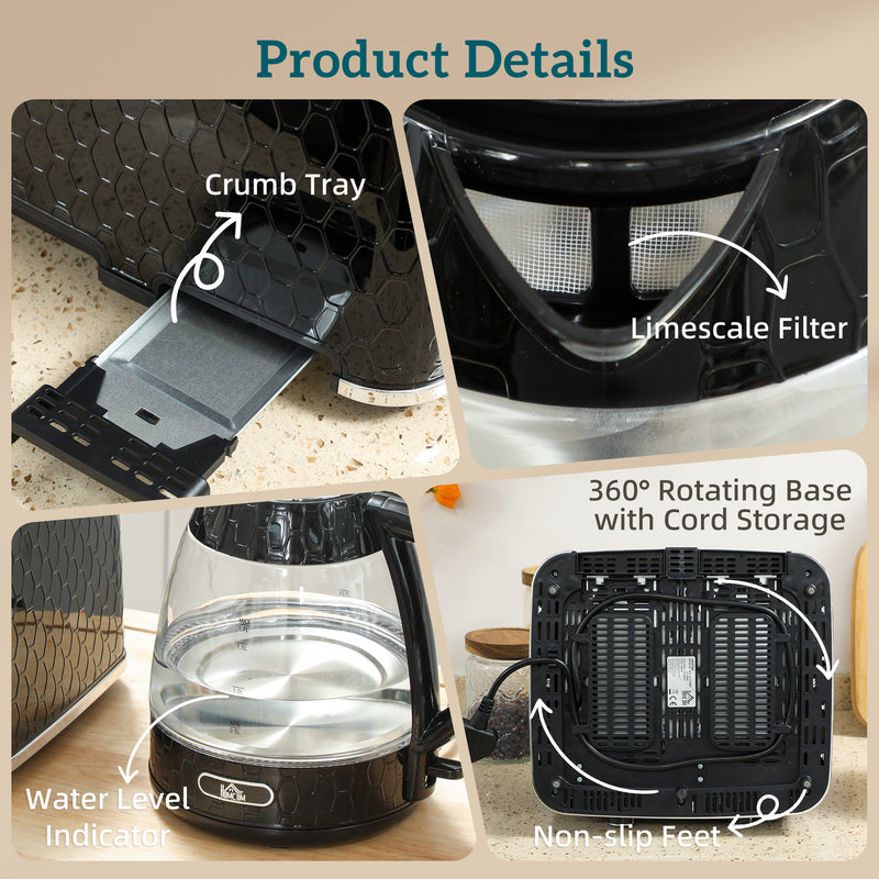 4 Slice Toaster and 17L Rapid Boil Kettle Set With Strix Control For Kitchen Use Black AOSOM