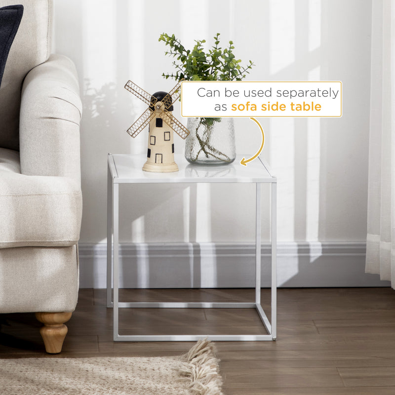 White Modern Nesting Coffee Tables Set of 2 with Steel Frame for Living Room