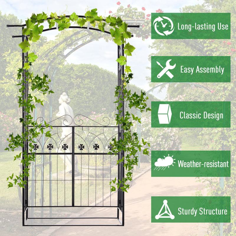 Metal Garden Arch with Gate for Climbing Plants and Roses Outdoor Arbour, Black