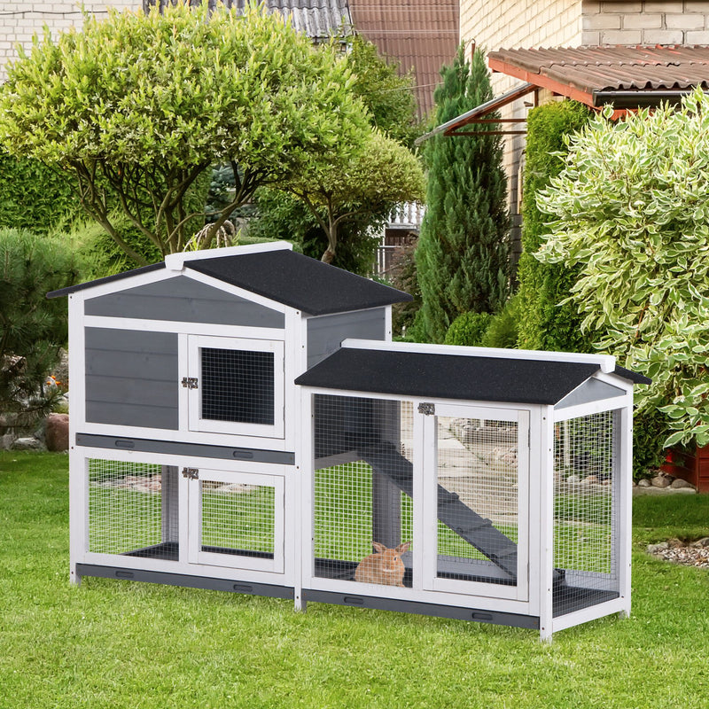 Two Tier Wooden Rabbit Hutch With Slide Out Tray And Ramp For Outdoor Use Grey