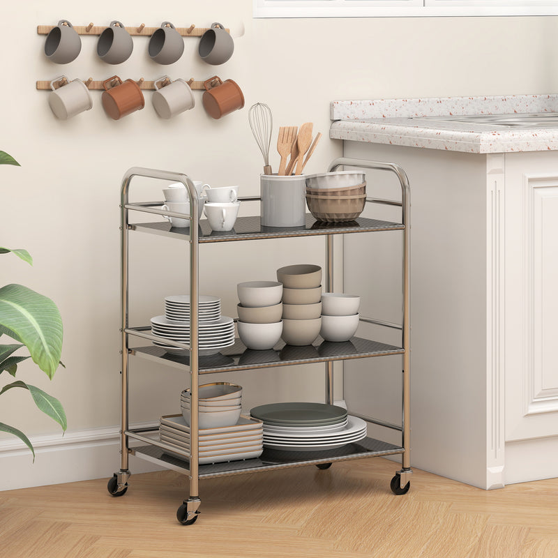 3 Tier Stainless Steel Kitchen Trolley With Adjustable Shelves For Storage, Silver