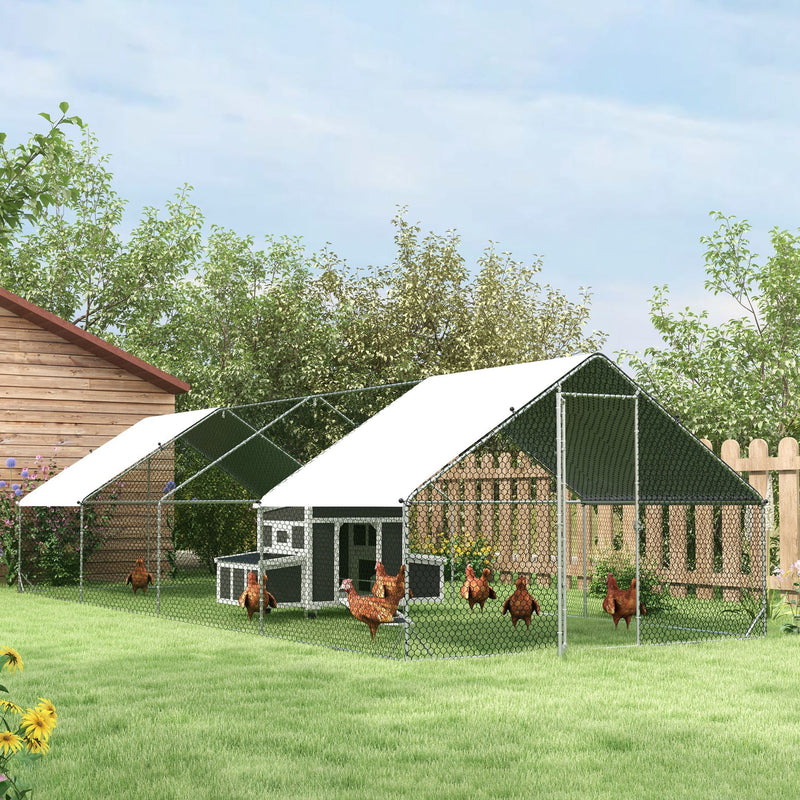 PawHut Chicken Run Galvanised Walk-in Chicken Coop Hen Poultry House Cage Rabbit Hutch with Water-Resist Cover, 3 x 8 x 2m AOSOM