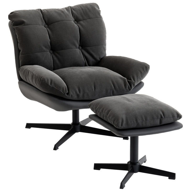 Swivel Accent Chair and Footstool Set for Relaxing in Living Room or Bedroom Dark Grey AOSOM