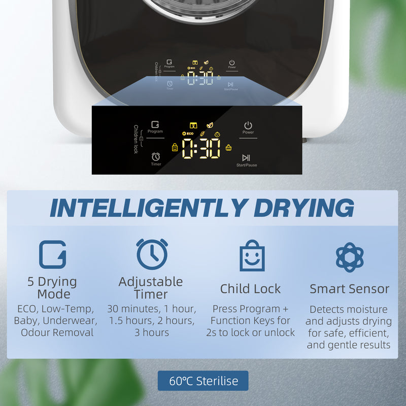 Portable 4kg Vented Tumble Dryer with Smart Sensor Timer and 5 Modes for Small Spaces White