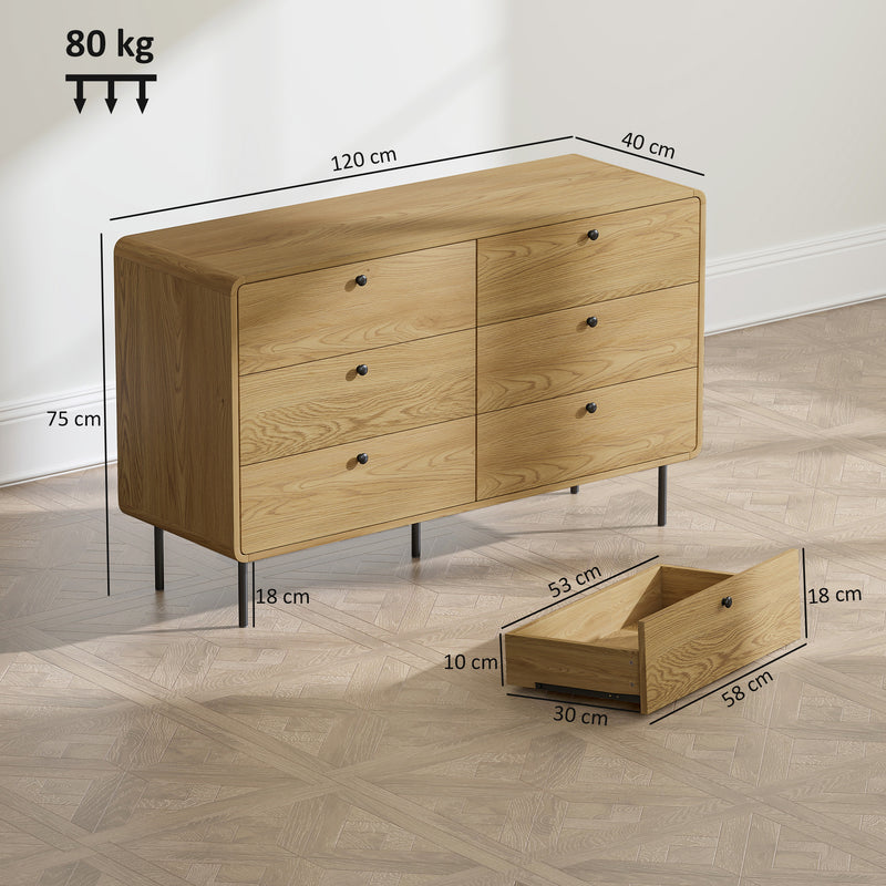Wooden 6 Drawer Chest of Drawers with Spacious Storage for Bedroom or Living Room Oak