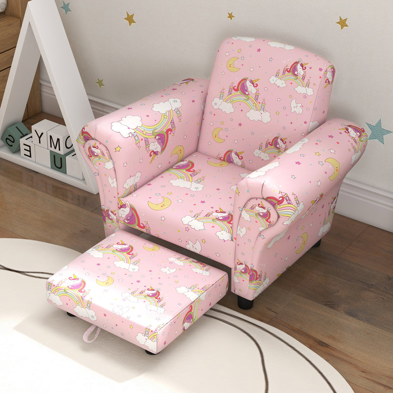 2 Piece Kids Sofa Set with Unicorn Design and Wooden Frame for Toddlers Aged 1 to 3, Pink
