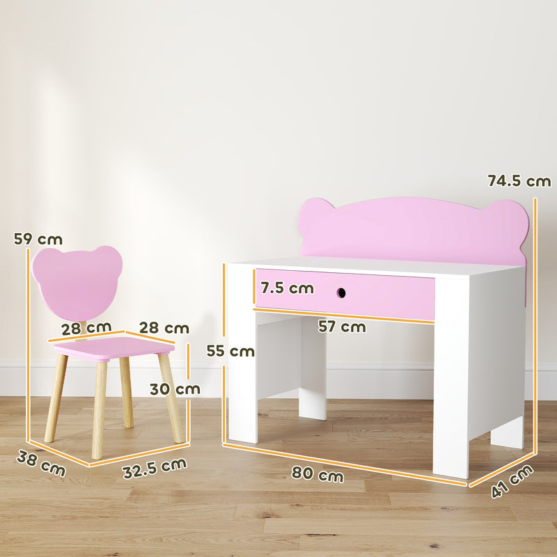 Kids Desk and Chair Set with Storage Drawer for Study and Play Pink White AOSOM