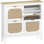 Slim Shoe Storage Cabinet for Hallway with Boho Style Rattan Doors and Oak Top Holds 20 Pairs White 105x24x95cm Homcom