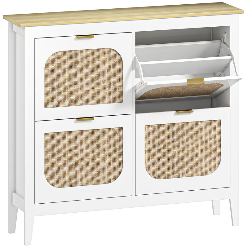 Slim Shoe Storage Cabinet for Hallway with Boho Style Rattan Doors and Oak Top Holds 20 Pairs White 105x24x95cm Homcom