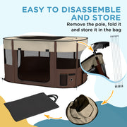 Foldable Dog Playpen with Carry Bag and Ground Stakes for Travel or Home Use, Brown