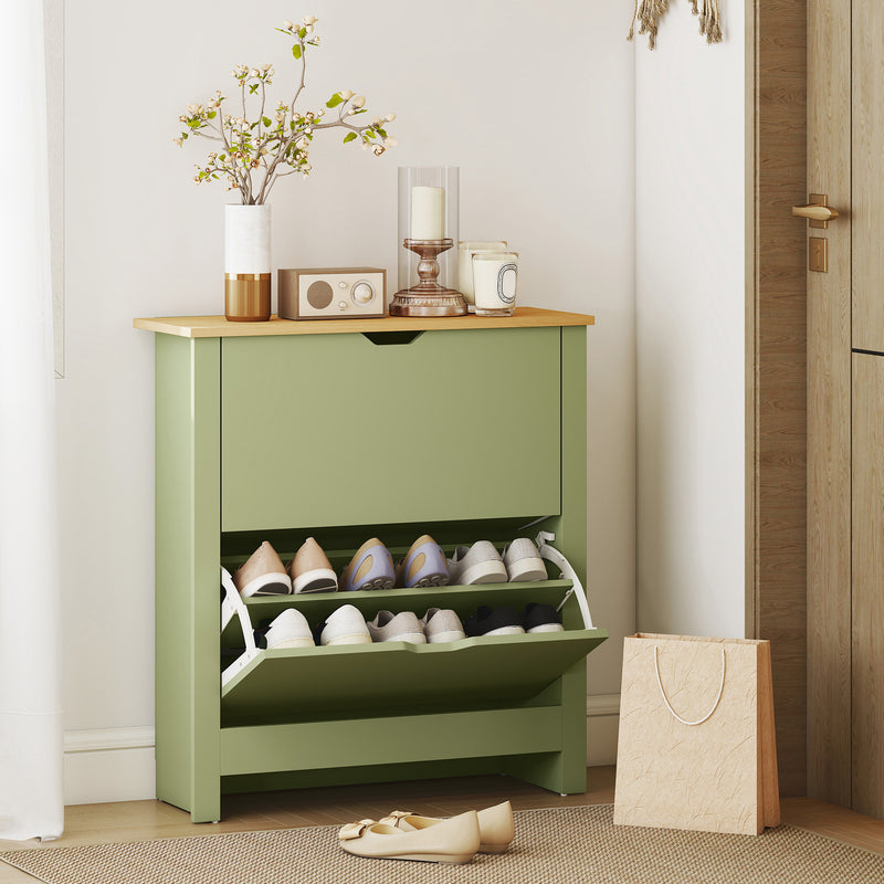 Green Slim Shoe Cabinet with 2 Flip Drawers and Adjustable Shelves for Hallway Storage 72x26x80cm