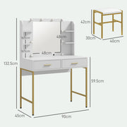 LED Makeup Vanity Table Set with Mirror Drawers and Stool for Bedroom Storage White