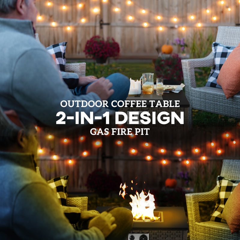 Grey Rattan Gas Fire Pit Table with Lid 13KW Outdoor Patio Heater and Coffee Table