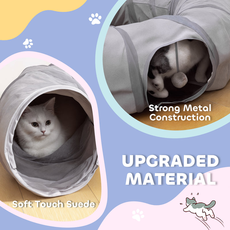 2 in 1 Cat Tunnel and Bed with Hanging Ball and Peek Hole for Indoor Play, Grey AOSOM