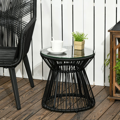 Black Rattan Round Side Table With Glass Top For Garden Patio Or Balcony Use