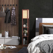 Brown Standing Floor Lamp With Three Shelves and White Fabric Shade for Living Room