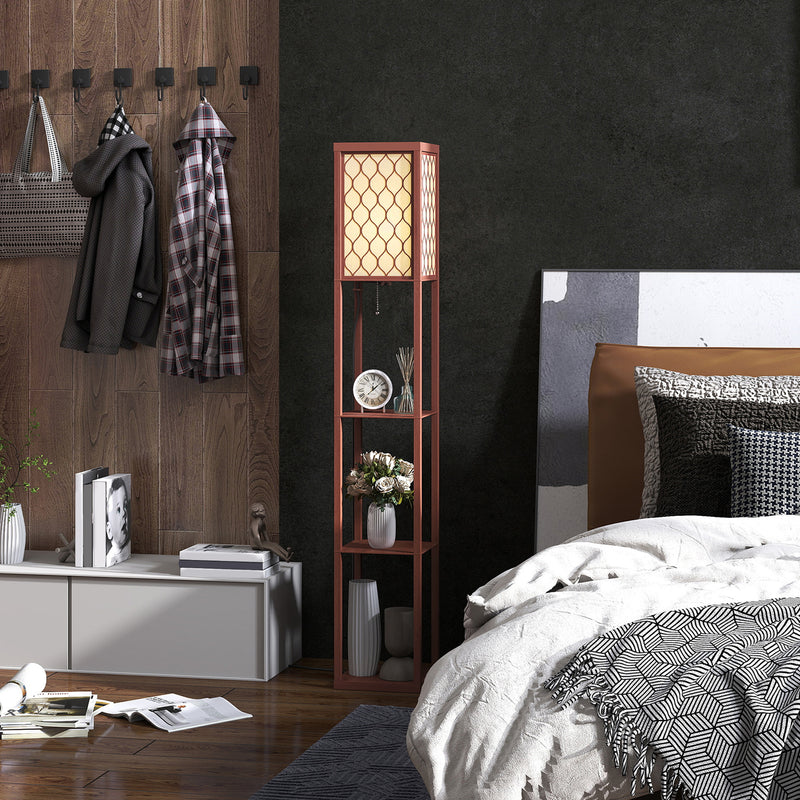 Brown Standing Floor Lamp With Three Shelves and White Fabric Shade for Living Room