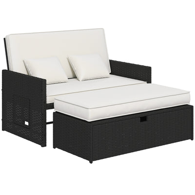 Rattan Garden Day Bed with Adjustable Backrest and Hidden Storage Cream White Outsunny