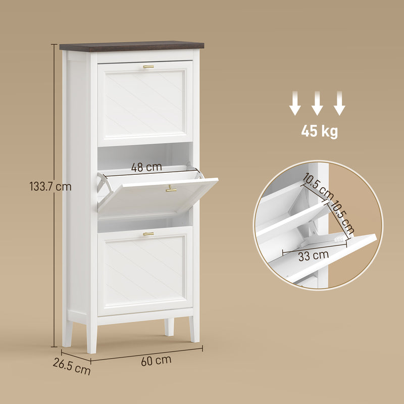 Slim Shoe Storage Cabinet for Narrow Hallways with 3 Flip Drawers and Adjustable Shelves White 60 x 26 x 134 cm Homcom