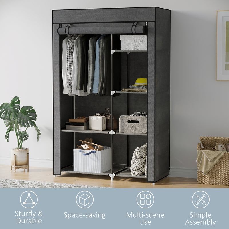 Dark Grey Fabric Wardrobe with Rail and Six Shelves for Storage by HOMCOM