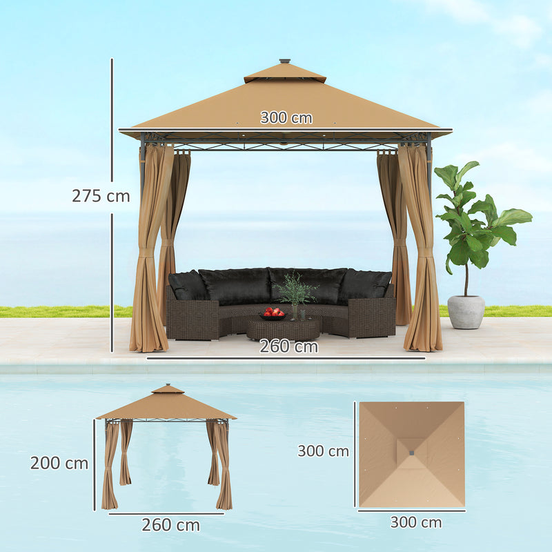 3 x 3 m Brown Metal Gazebo With Solar LED Lighting by Outsunny