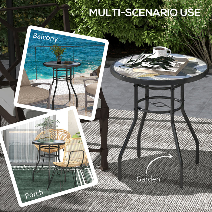 Round 60cm Garden Table with Printed Glass Top Ideal for Outdoor Dining Multicolour