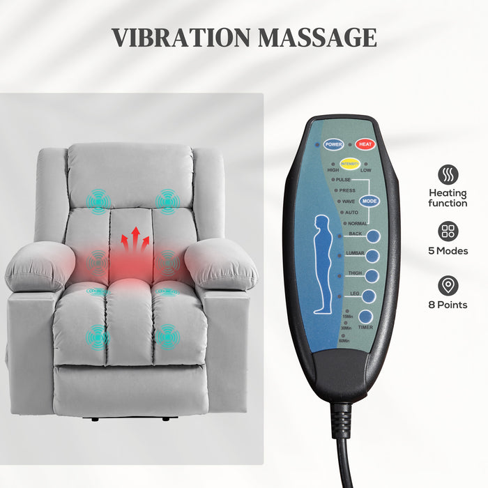 Light Grey Velvet Feel Electric Riser Recliner Massage Armchair by HOMCOM