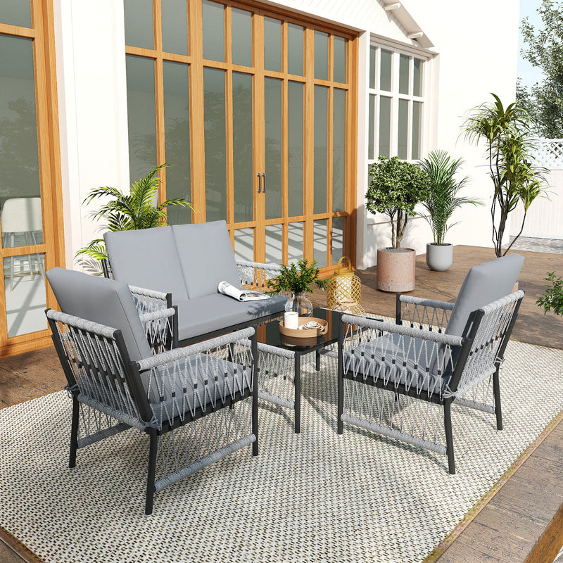 Grey 4 Seater Rattan Garden Furniture Set With Cushions by Outsunny