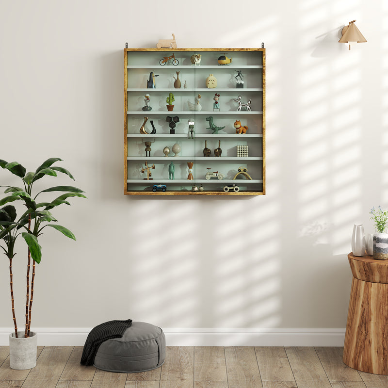 Rustic Brown 7 Tier Wall Display Cabinet With Glass Doors and Adjustable Shelves by HOMCOM