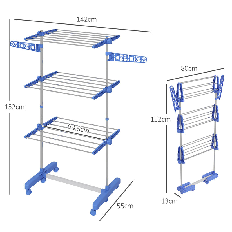 Folding Three Tier Clothes Airer With Side Arms And Wheels For Indoor Drying, Blue