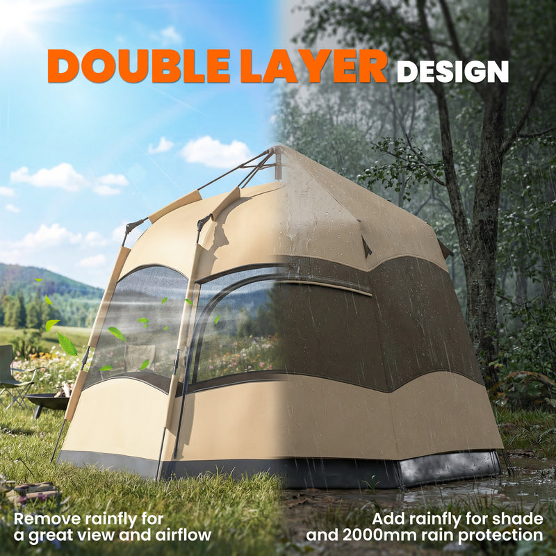 Pop Up 4 Person Tent for Quick Group Camping Shelter with Mesh Windows Brown and Khaki