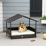 Wicker Rattan Dog House with Removable Cushion and Canopy for Small to Medium Pets Cream