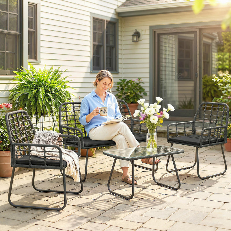 Rattan Garden Furniture Set for Small Patios or Balconies with Cushions and Coffee Table Black Outsunny