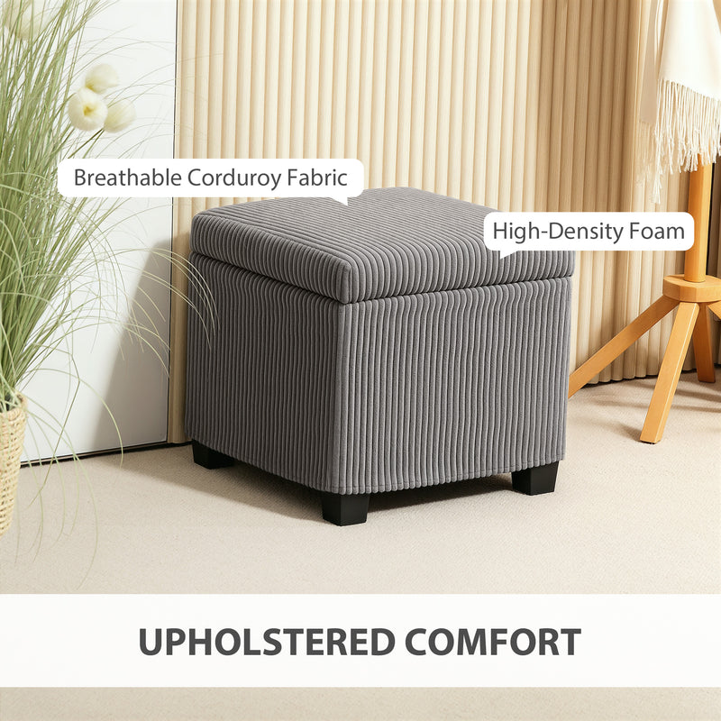 Grey Corduroy Square Storage Ottoman Stool with Removable Lid and Legs 40cm by HOMCOM