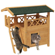 Outdoor Wooden Cat House With Balcony And Stairs Ideal Shelter For Pets, Natural Wood Finish