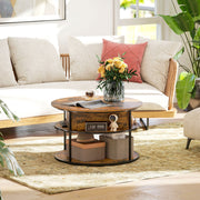 Brown Round Lift Top Coffee Table With Hidden Storage Shelf For Living Room Or Office