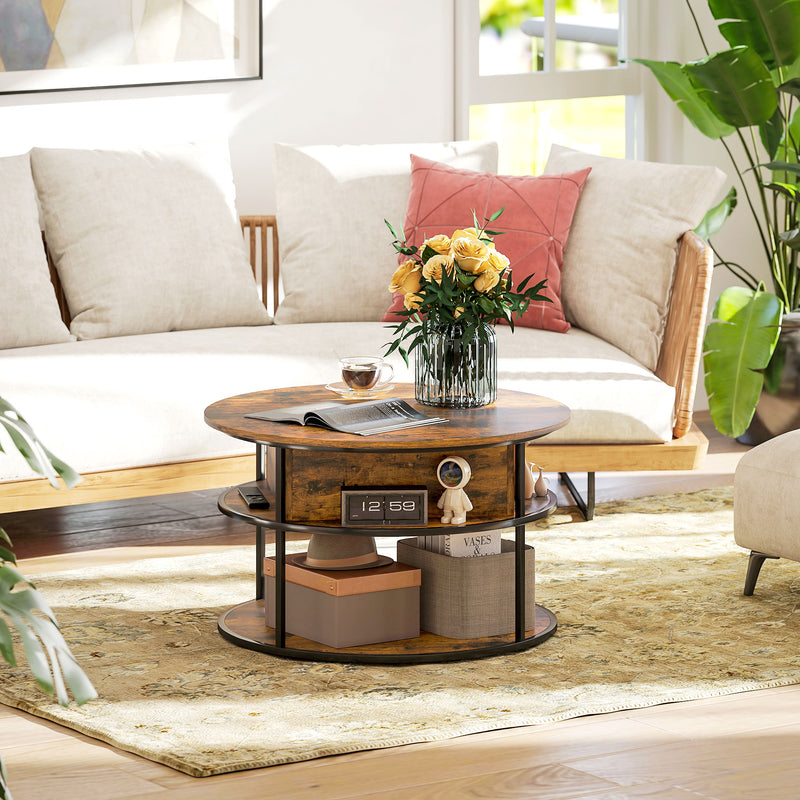 Brown Round Lift Top Coffee Table With Hidden Storage Shelf For Living Room Or Office
