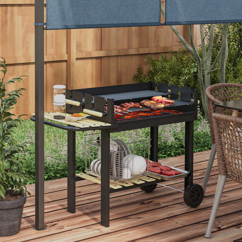Charcoal BBQ Trolley Grill with Adjustable Racks Side Table and Wheels for Garden by Outsunny