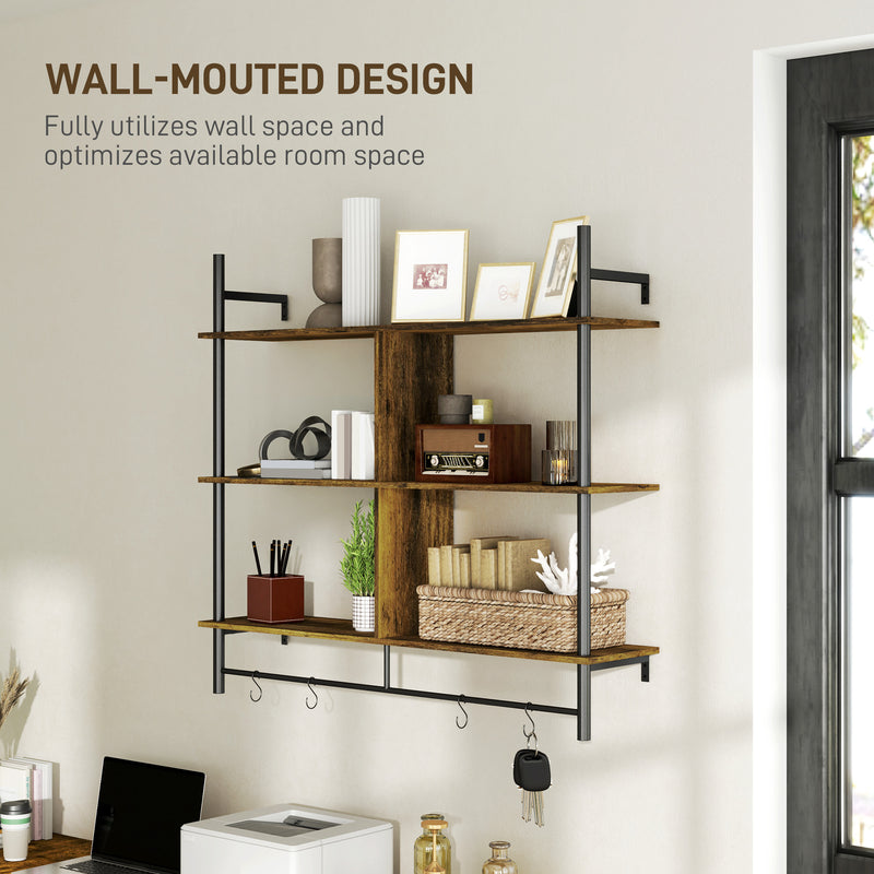 Three Tier Floating Wall Shelf Brown and Black Wood Finish by HOMCOM