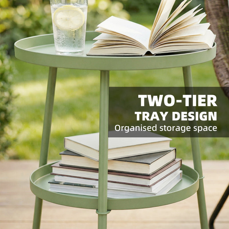 Small Garden Side Table with Two Tiers for Drinks and Books Light Green Outsunny
