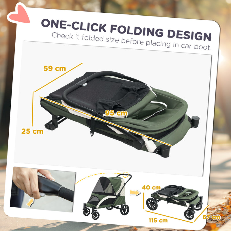 Dark Green Folding Pet Stroller for Large Dogs with Shock Absorb Frame and Safety Leashes by PawHut AOSOM