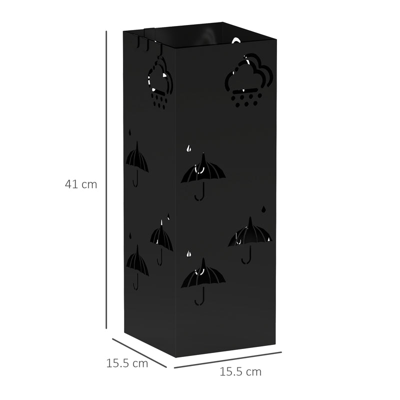 Black Metal Umbrella Stand with Drip Tray and Hooks for Hallway and Entryway by HOMCOM