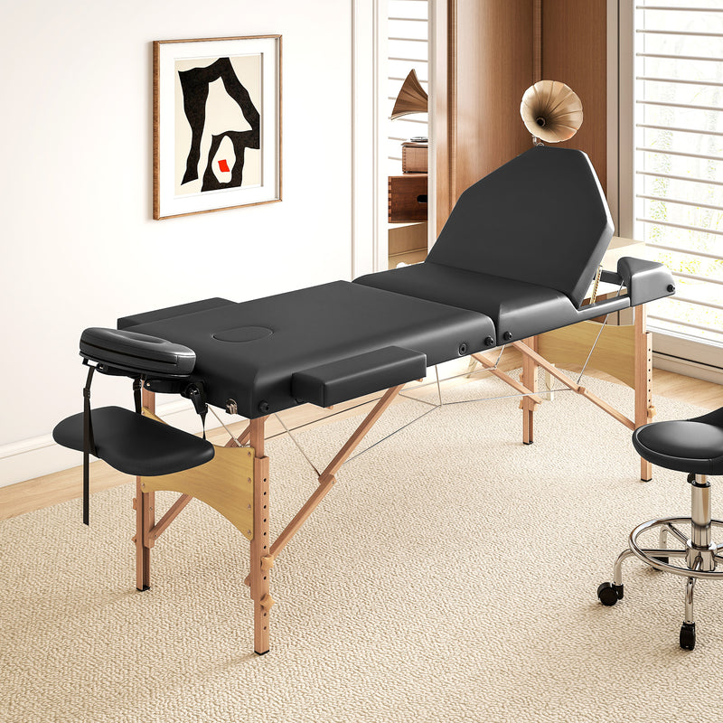Black Foldable Massage Table with Beech Wood Legs Ideal for Home or Mobile Therapists