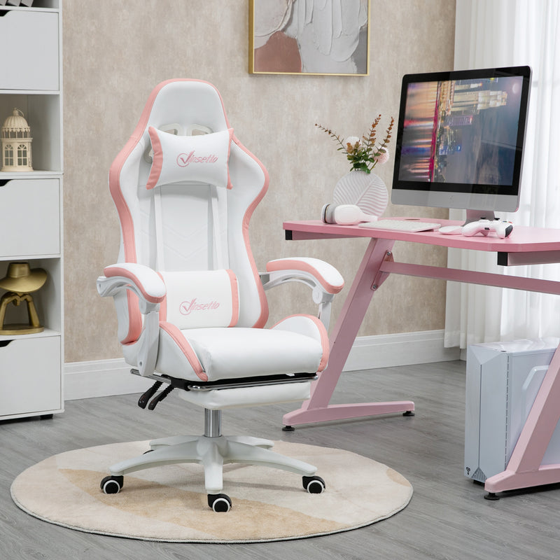 White and Pink Gaming Chair for Adults with Footrest Lumbar Support and Reclining Back
