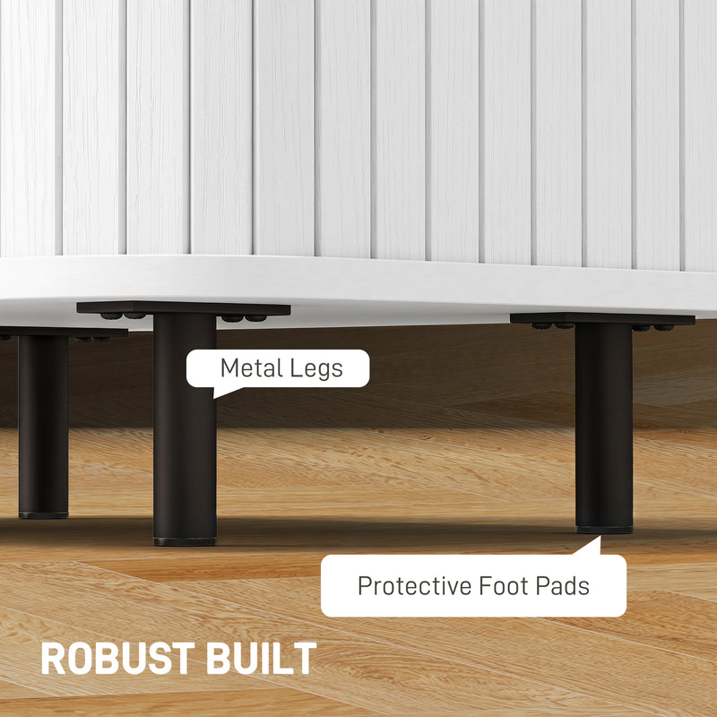 Bedside Table with Sliding Tambour Door, Two Shelves, Black Metal Legs for Organised Bedroom Storage White Wood Effect