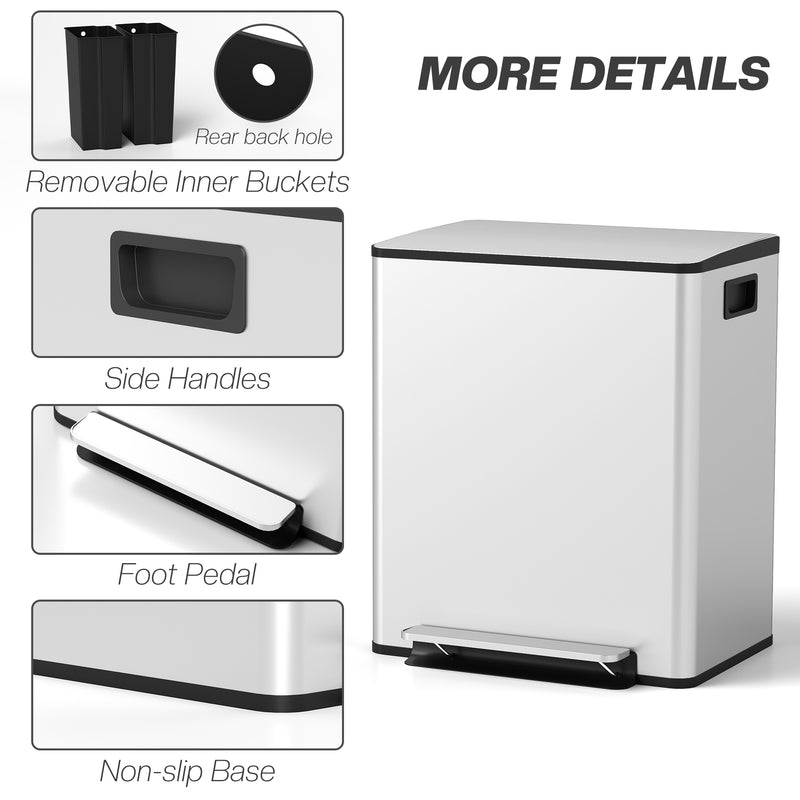 50L Dual Compartment  Recycling Bin For Kitchen With Deodoriser Holders Stainless Steel Silver