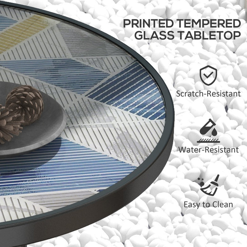 Round 60cm Garden Table with Printed Glass Top Ideal for Outdoor Dining Multicolour