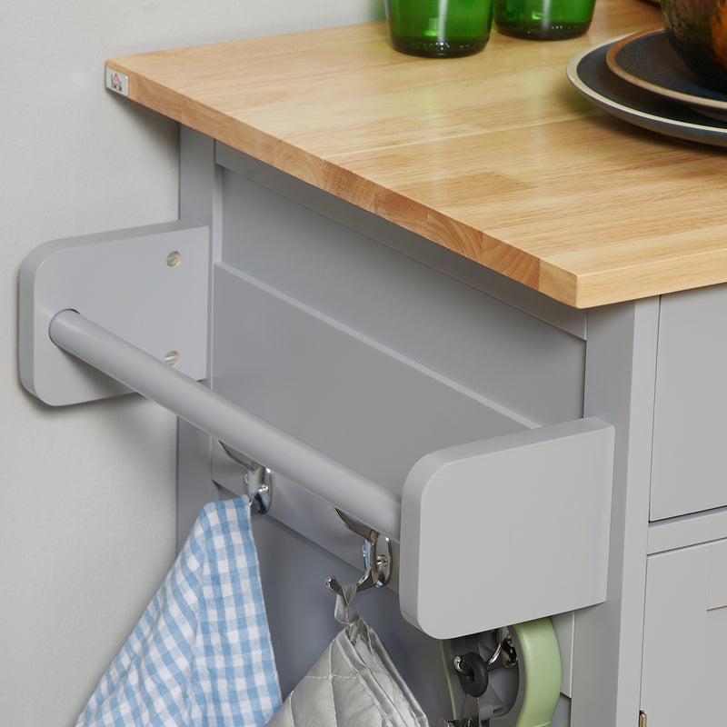 Wood Top Rolling Kitchen Island Cart with Drawers Shelves and Towel Rack Grey