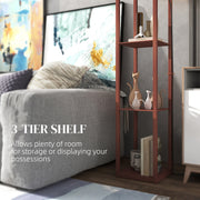 Brown Standing Floor Lamp With Three Shelves and White Fabric Shade for Living Room