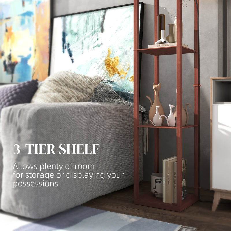 Brown Standing Floor Lamp With Three Shelves and White Fabric Shade for Living Room